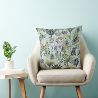 Blue Jungle Whie Tigers Throw Pillow