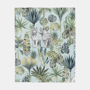 Blue Jungle White TIgers Fleece Blanket