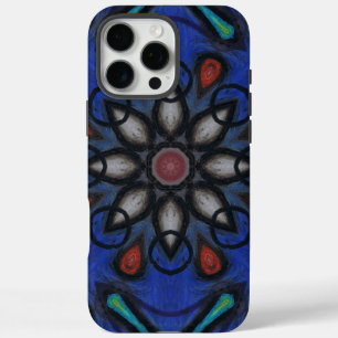 Blue Kaleidoscope Mandala with Red & Grey Accents iPhone 16 Pro Max Case