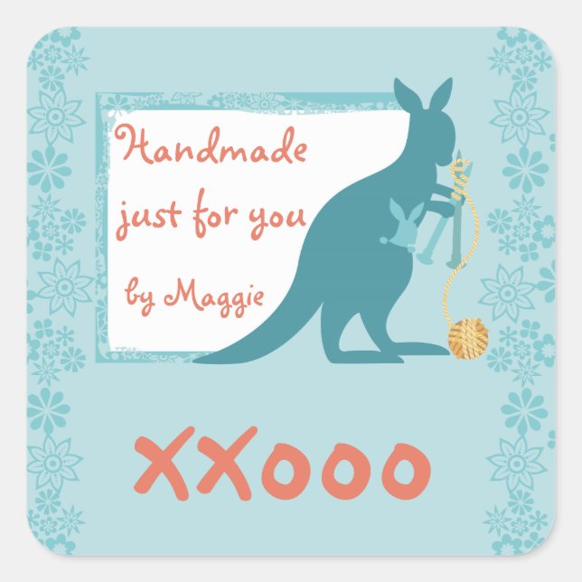 Blue kangaroo knitting needles ball of yarn square sticker (Front)