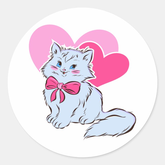 Blue Kawaii Cat With Pink Bow & Hearts Classic Round Sticker (Front)