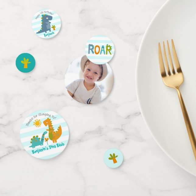 Blue Kawaii Dinosaur Boy Birthday Photo Name Cute Confetti (Group)