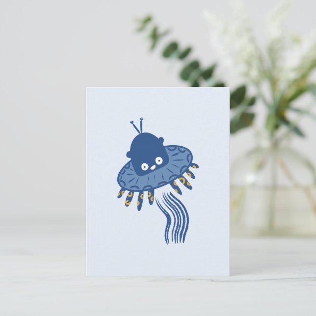 Blue Kawaii Octopus UFO Holiday Postcard (Standing Front)