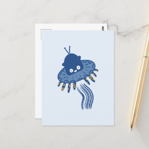 Blue Kawaii Octopus UFO Postcard