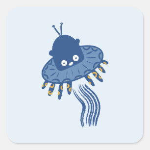 Blue Kawaii Octopus UFO Square Sticker