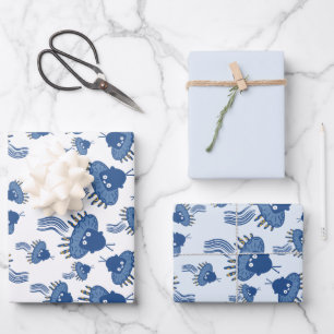 Blue Kawaii Octopus UFO Wrapping Paper Sheet