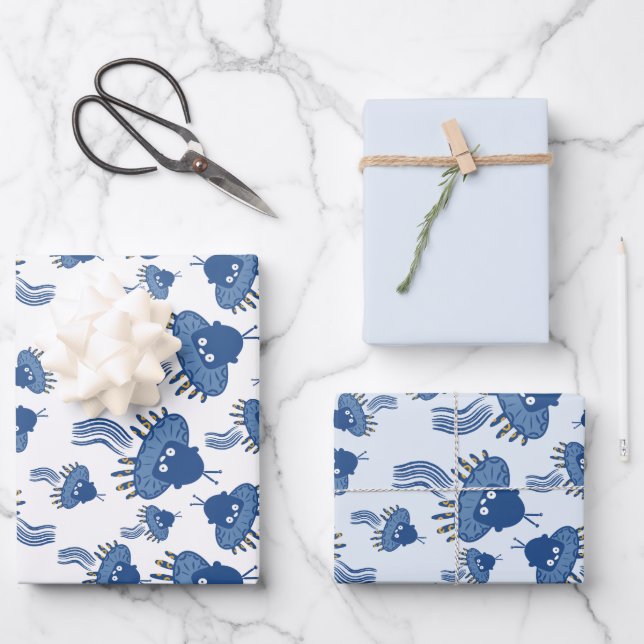 Blue Kawaii Octopus UFO Wrapping Paper Sheet (Front)