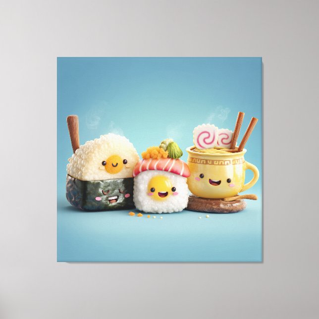 Blue Kawaii Sushi Trio Canvas Print (Front)