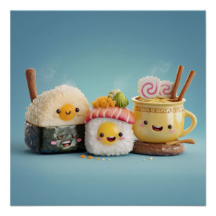 Blue Kawaii Sushi Trio Poster