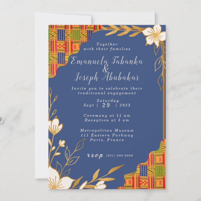Blue Kente Wedding invitation, Afrocentric Invite (Front)