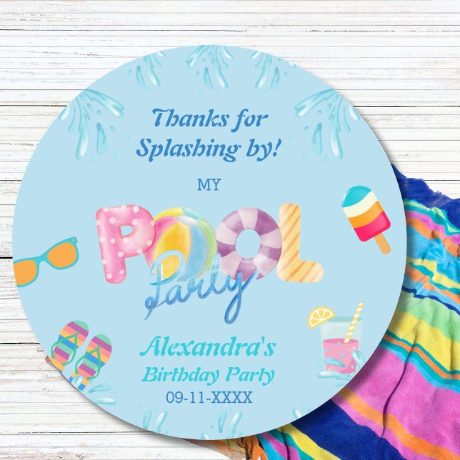 Blue Kids Birthday Pool Party Favour Thank You Classic Round Sticker (Creator Uploaded)