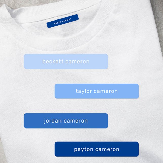Blue Kids Name Iron On Clothing (1.75" x .3125" clothing labels iron-on or adhesive, 2 sheets of 48 labels, USE 1 OR up to 4 NAMES)