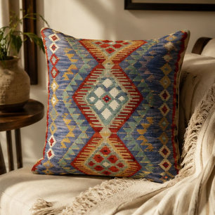 Blue Kilim Southwestern Rust, Sage & Cream Geometr Cushion