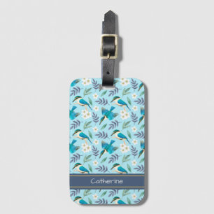 Blue Kingfisher Birds Floral Pattern Vintage Name Luggage Tag