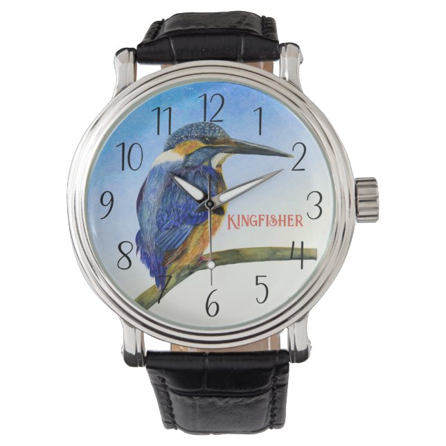Blue Kingfisher Watercolor Wildlife Bird Art Watch (Front)