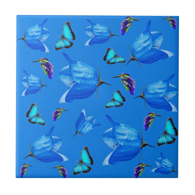 Blue Kingfishers Butterflies And Bell Flowers, Tile (Front)