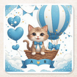 Blue Kitten Baby Shower Wishes 🐱 Square Paper Coaster