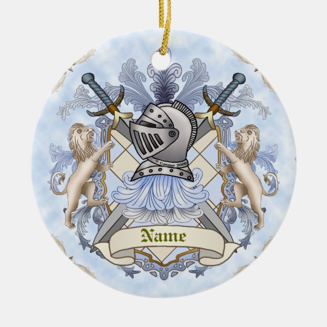 Blue Knight Family Crest Surname  Ceramic Tree Decoration (Front)