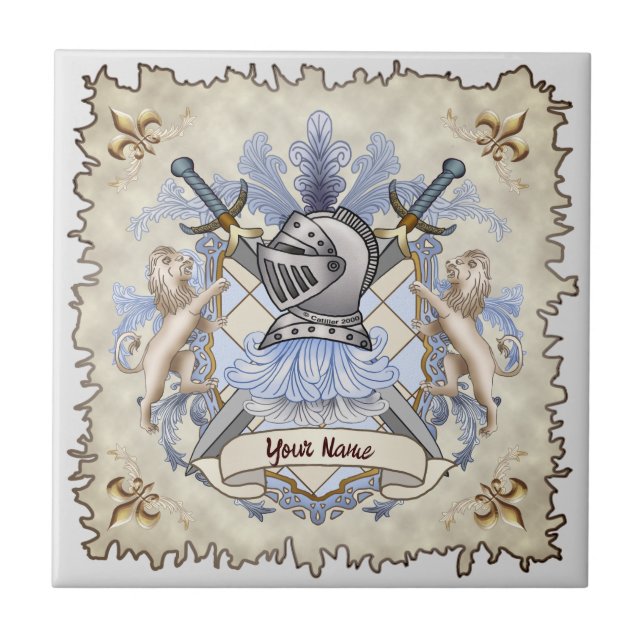 Blue Knight Family Crest Surname  Tile (Front)