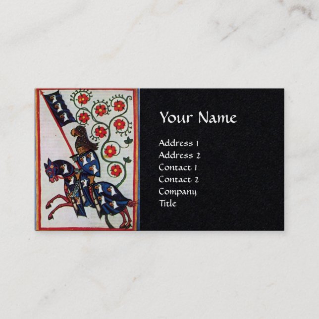 BLUE KNIGHT HORSEBACK Mediaeval Monogram Black Business Card (Front)