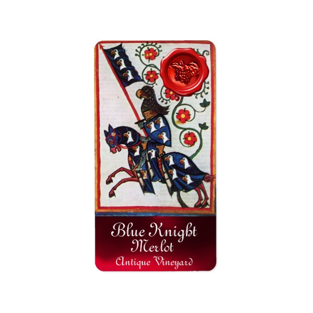 BLUE KNIGHT HORSEBACK WINE LABEL ,RED WAX SEAL (Front)