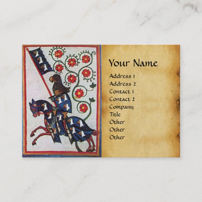 BLUE KNIGHT ON HORSEBACK Red Roses Parchment Pearl Business Card (Front)