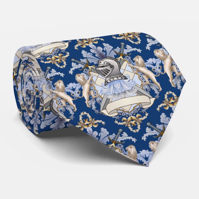 Blue Knight Shield  Family Crest tie  (Rolled)