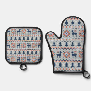 Blue Knited Christmas Sweater Reindeer Pattern Oven Mitt & Pot Holder Set