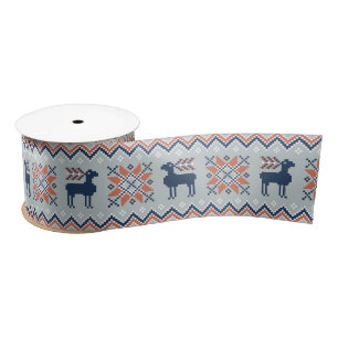 Blue Knited Christmas Sweater Reindeer Pattern  Satin Ribbon