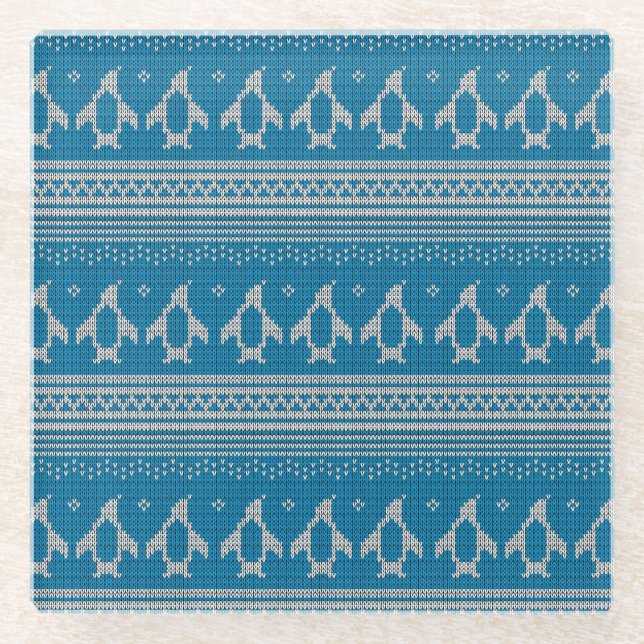 Blue Knitted Background Glass Coaster (Front)