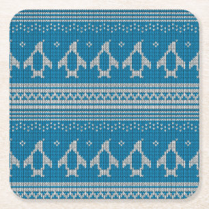Blue Knitted Background Square Paper Coaster