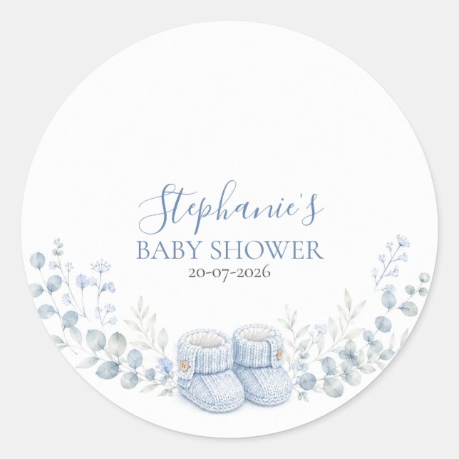 Blue Knitted Booties Baby Shower Round Sticker (Front)