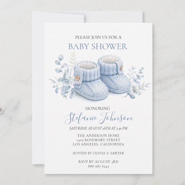 Blue Knitted Booties Boy Baby Shower Invitation (Front)