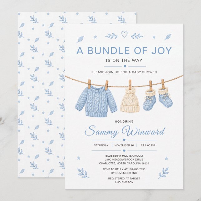 Blue Knitted Clothesline Baby Shower Invitation (Front/Back)