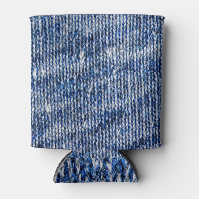 Blue knitting wool, closeup photo background. can cooler (Front)