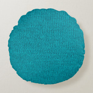 Blue Knitting Wool Texture Closeup Round Cushion
