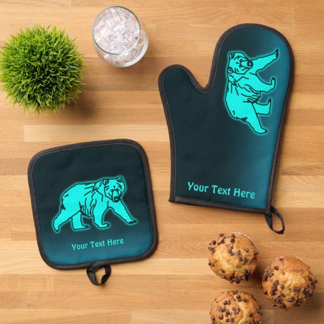 Blue Kodiak Bear Oven Mitt & Pot Holder Set (Top Down)