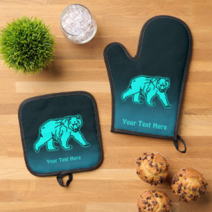 Blue Kodiak Bear Oven Mitt & Pot Holder Set