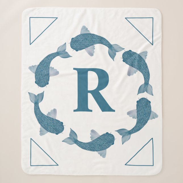 Blue Koi fish circling a monogram initial   Sherpa Blanket (Front)