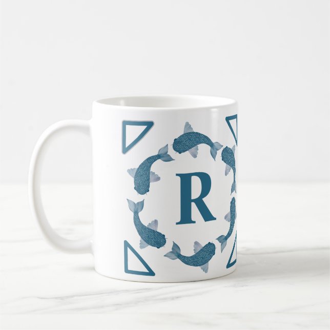 Blue Koi fish  monogram initial  Coffee Mug (Left)