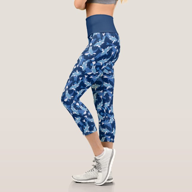 Blue Koi Fish Pattern Capri Leggings (Left)