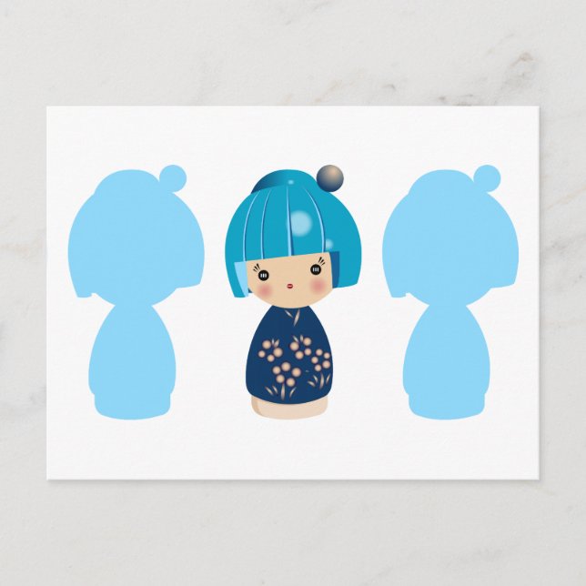 Blue Kokeshi Triplet x3 Postcard (Front)