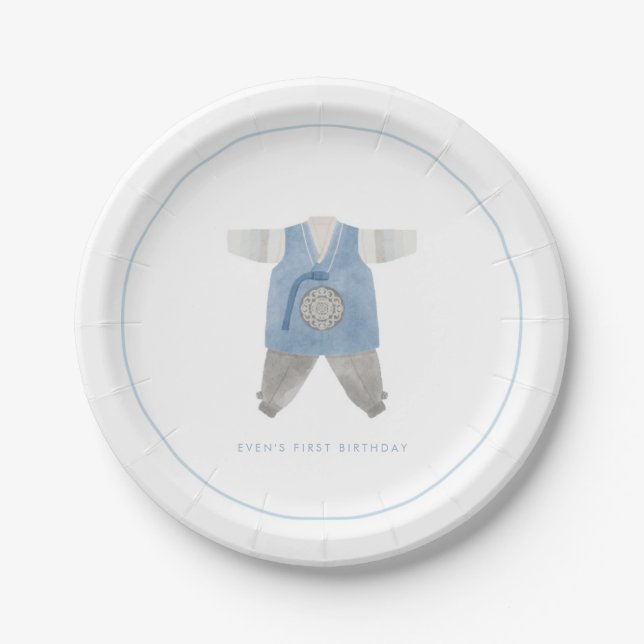 Blue Korean boy 1st birthday Doljanchi  Paper Plate (Front)