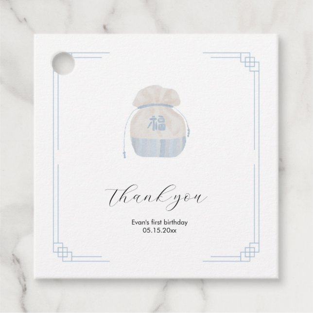 Blue Korean Doljanchi square favour tag (Front)