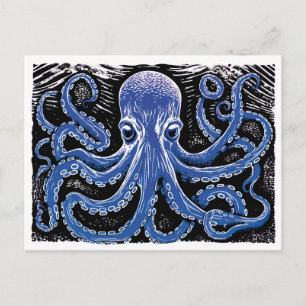 Blue Kraken Linocut in the Ocean Postcard