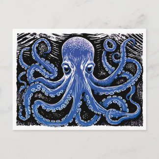 Blue Kraken Linocut in the Ocean Postcard