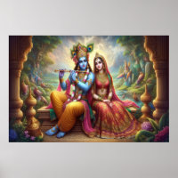 Blue Krishna Art: Radha & Deity Flute, Indian God 