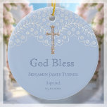 Blue Lace Baptism Keepsake Ceramic Ornament<br><div class="desc">Celebrate the special moment of your little one's baptism with our beautiful blue lace baptism keepsake ceramic ornament. Featuring a stunning gold tone crucifix and delicate lace effect on a dusty blue background, this ornament is a perfect way to commemorate the special day. It is ready for easy personalisation with...</div>