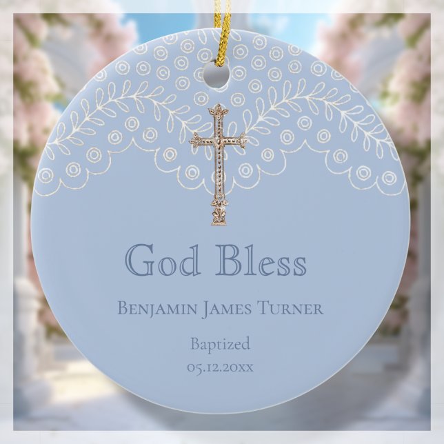 Blue Lace Baptism Keepsake Ceramic Ornament (Creator Uploaded)