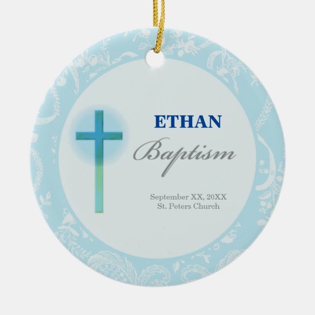 Blue Lace Boy Baptism Ceramic Tree Decoration (Front)